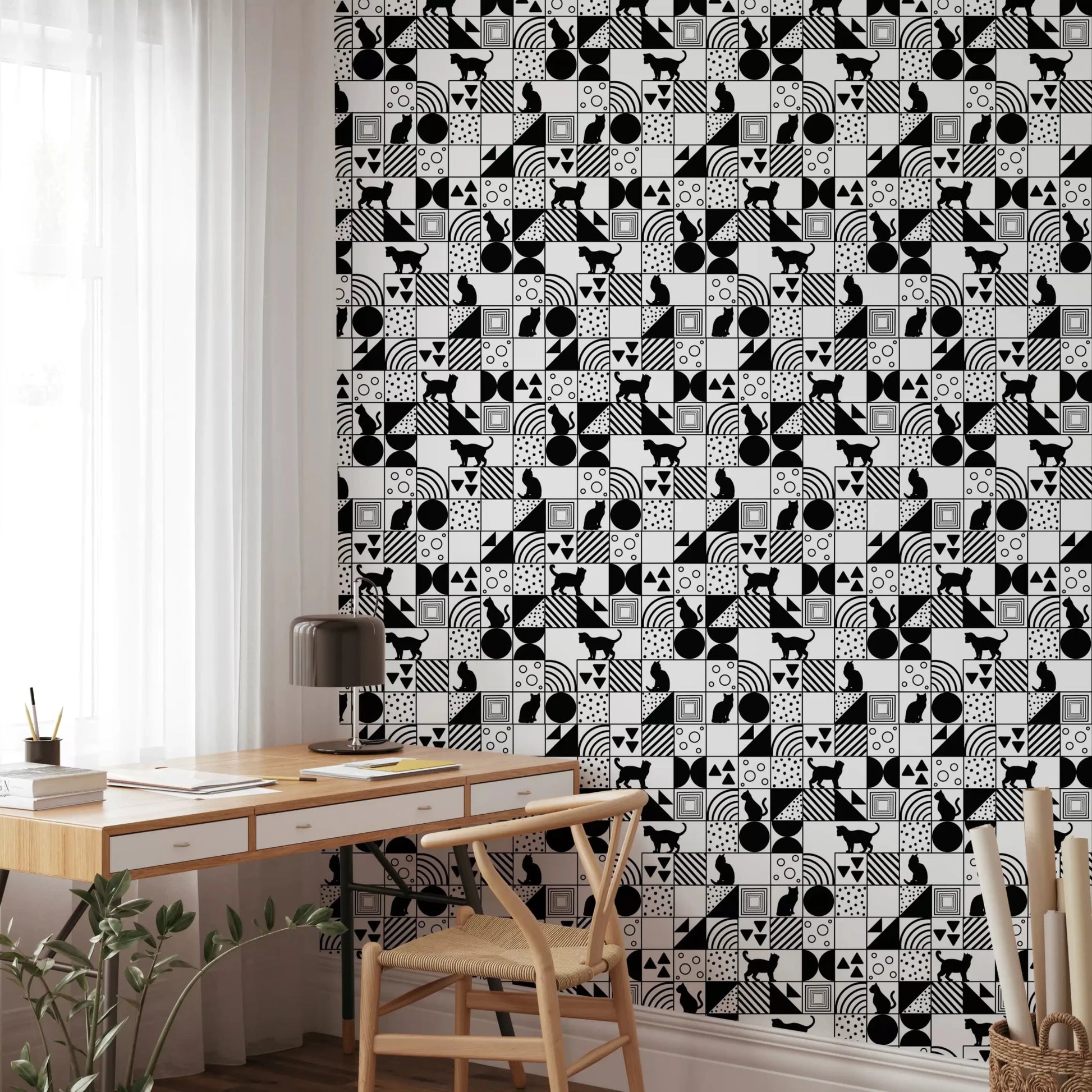 Monochrome Cat Maze wallpaper in a creative home officeGD9446