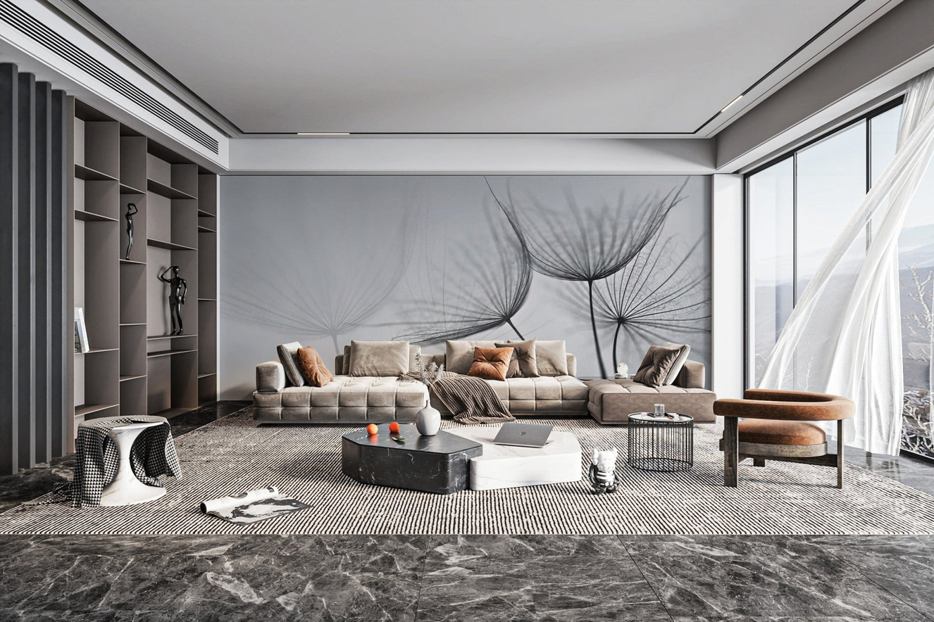 Monochrome floral wallpaper with dandelions
