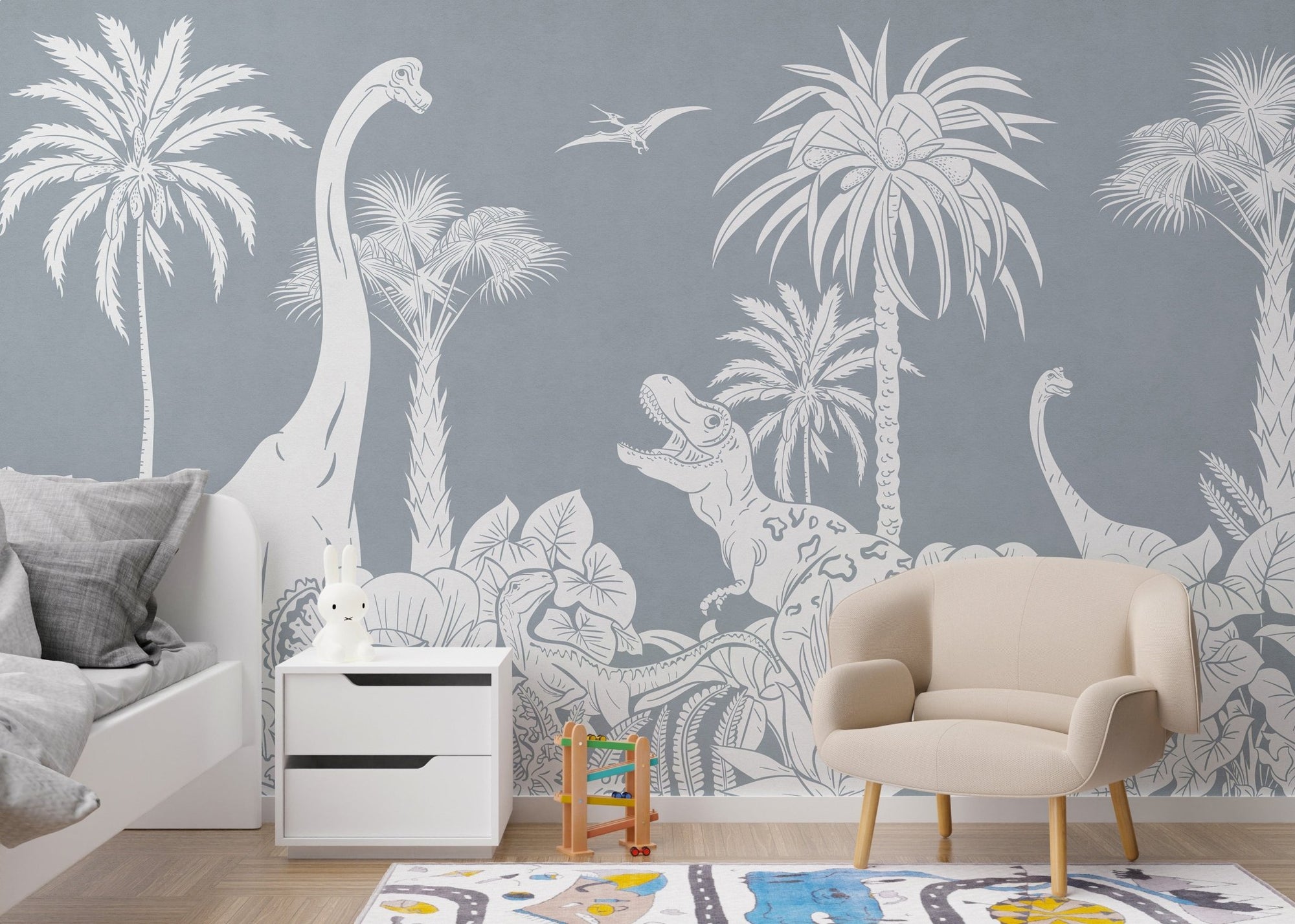Monochrome Dino Blue wallpaper with dinosaurs and palms KB59
