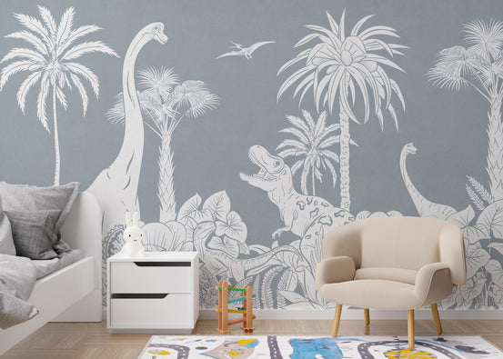 Monochrome Dino Blue wallpaper with dinosaurs and palms KB59
