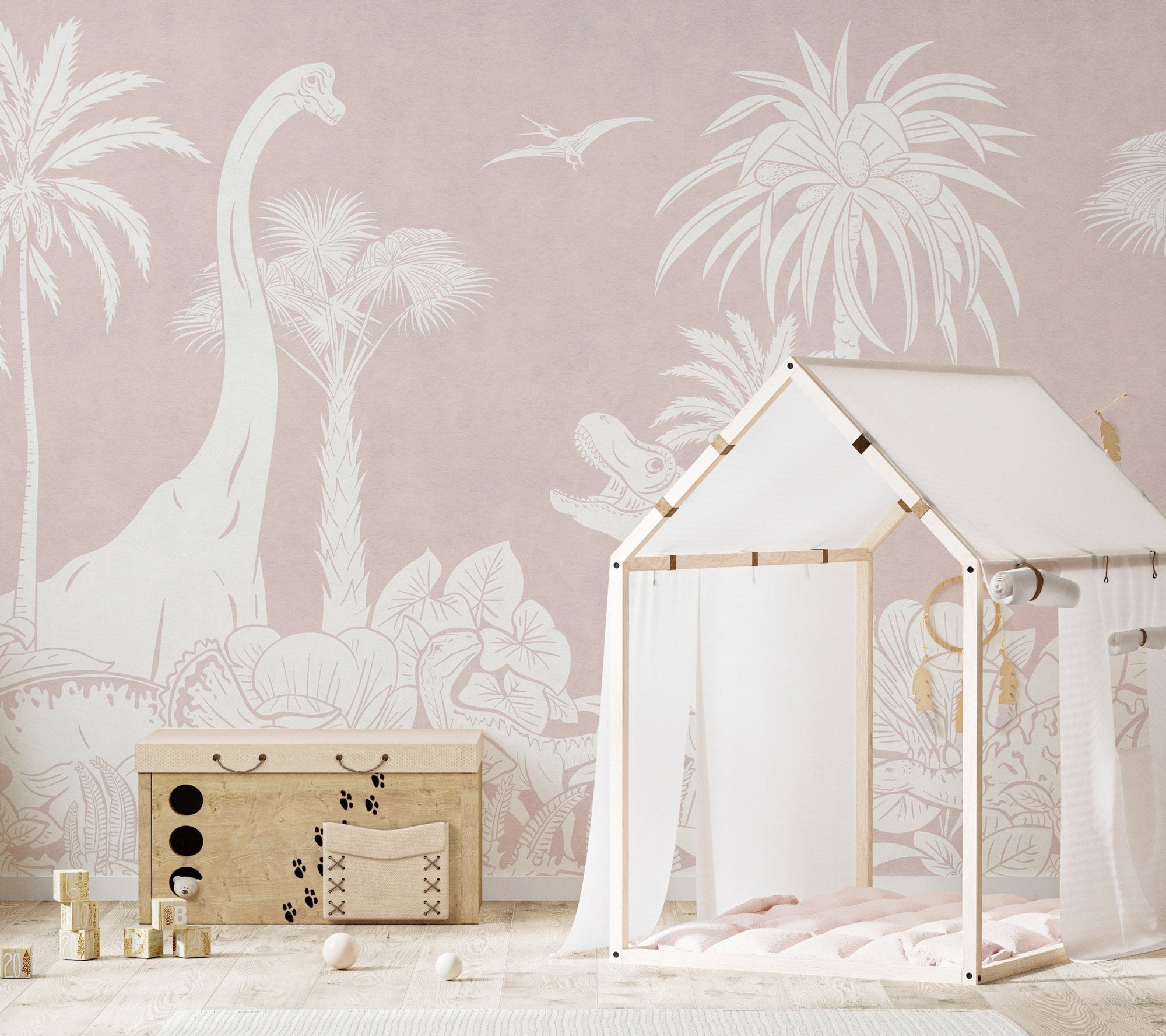 White dinosaurs and palm trees on a pink background. KB62