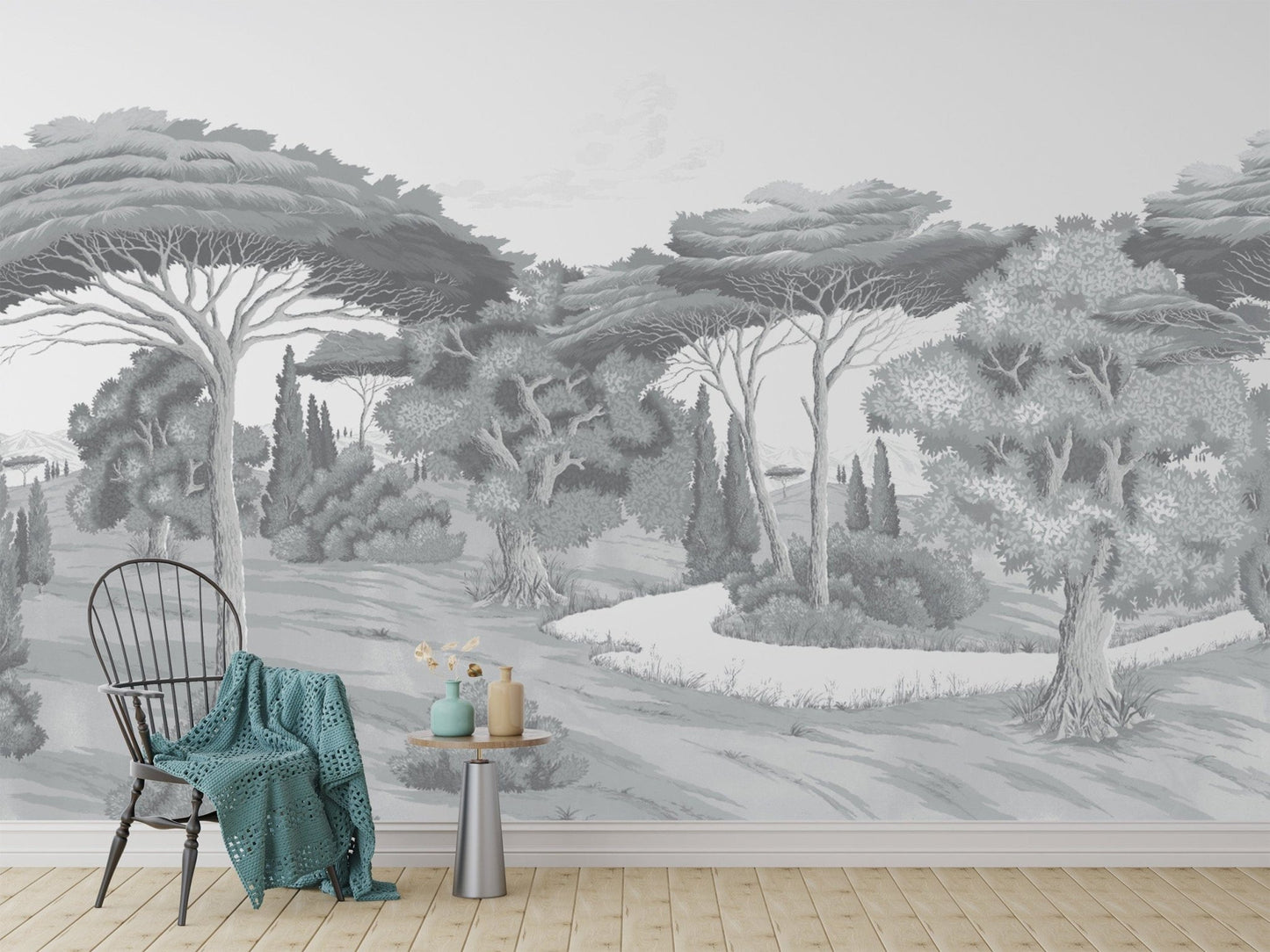 Black and white forest wall mural
