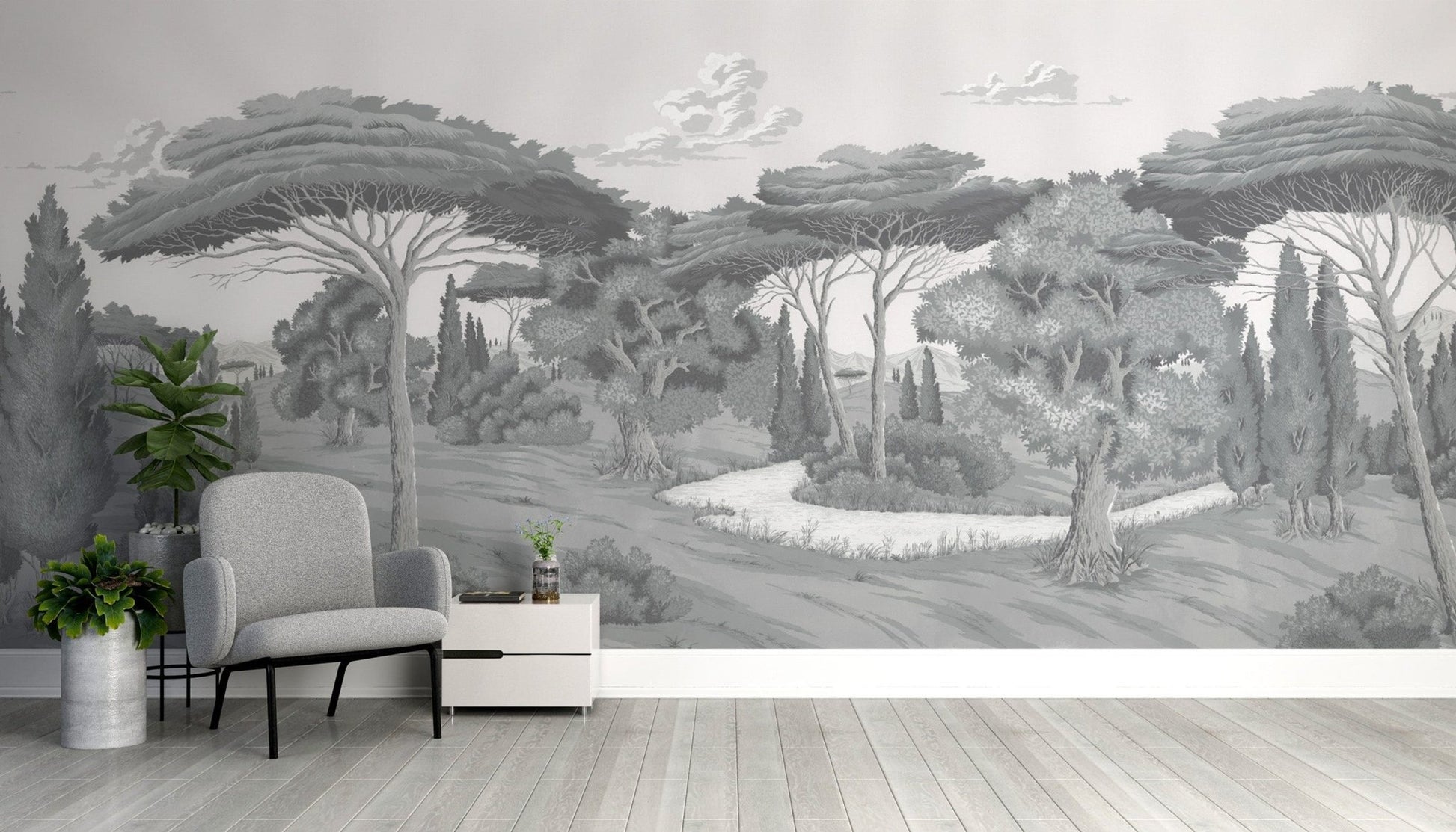 Grayscale woodland scene wall decor
