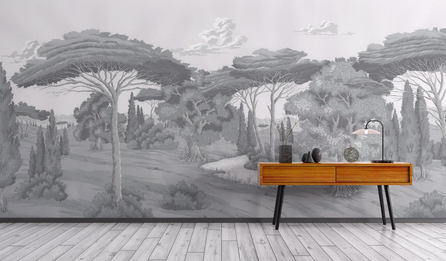Grayscale woodland scene wall decor
