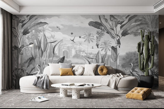 Black and White Forest Mansion Wallpaper SRED04