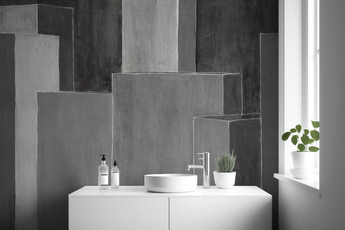 Urban skyline abstract mural in monochrome
