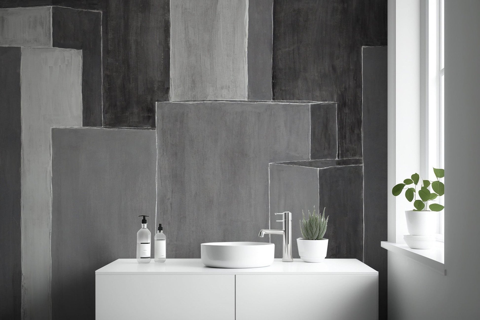 Urban skyline abstract mural in monochrome
