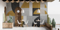 Abstract mural with yellow and grey shapes, B423