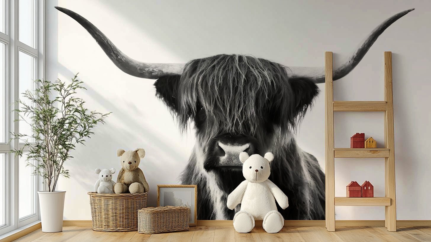 Highland cattle with majestic horns in monochrome wallpaper

