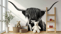 Highland cattle with majestic horns in monochrome wallpaper

