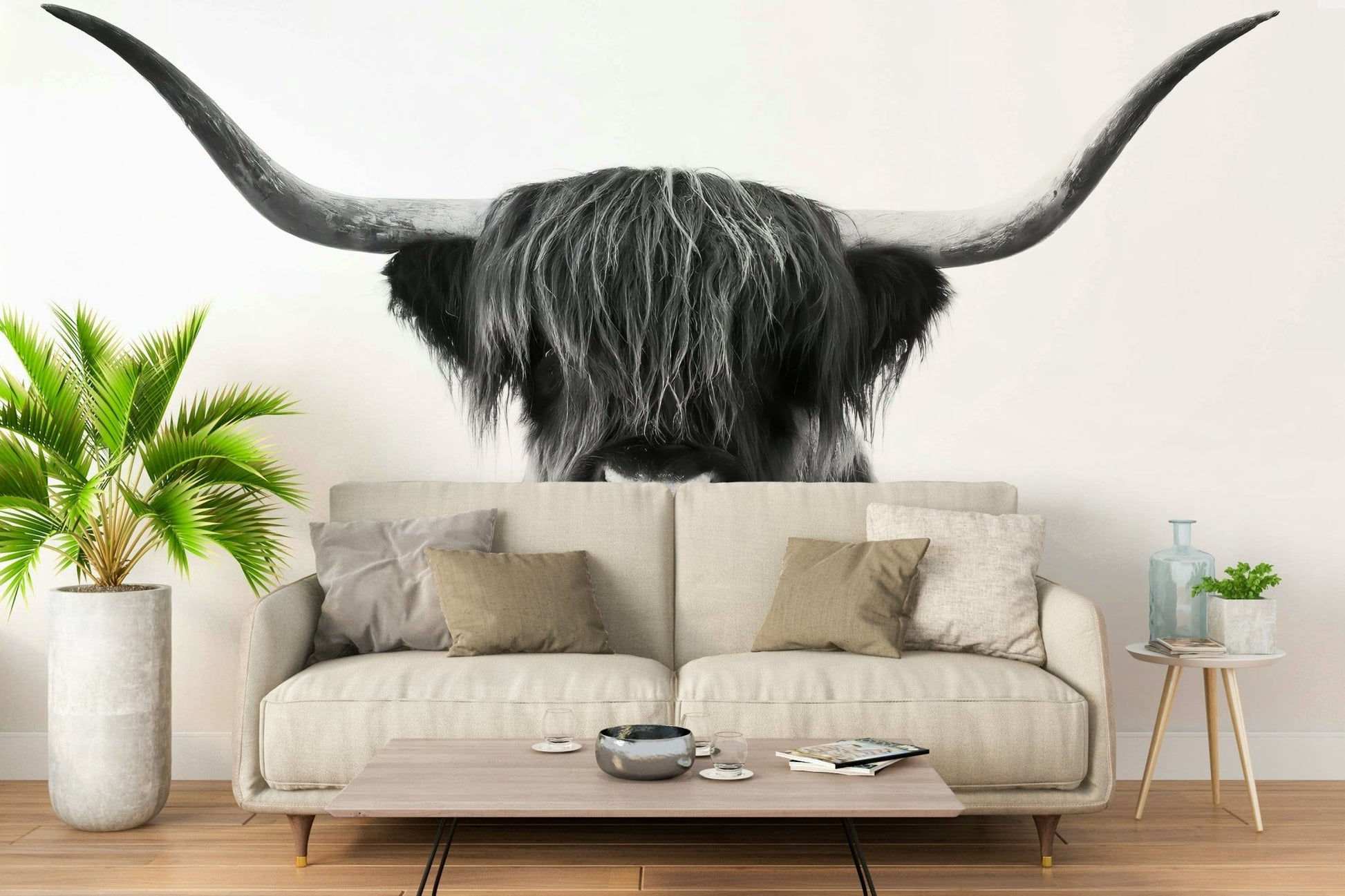 Peel-and-stick Monochrome Highland Horns and Hair mural

