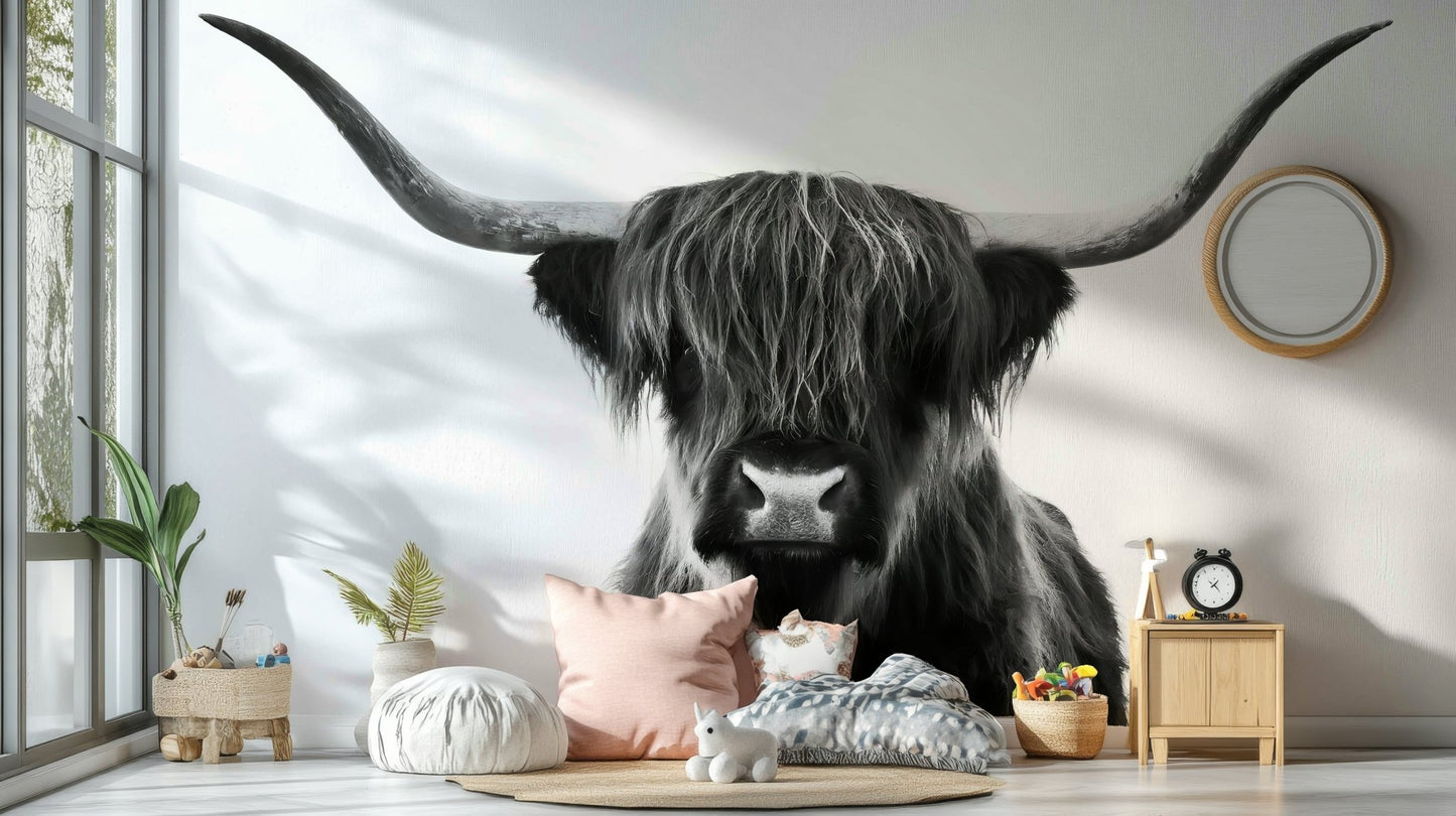Bold and sophisticated Monochrome Highland cattle mural

