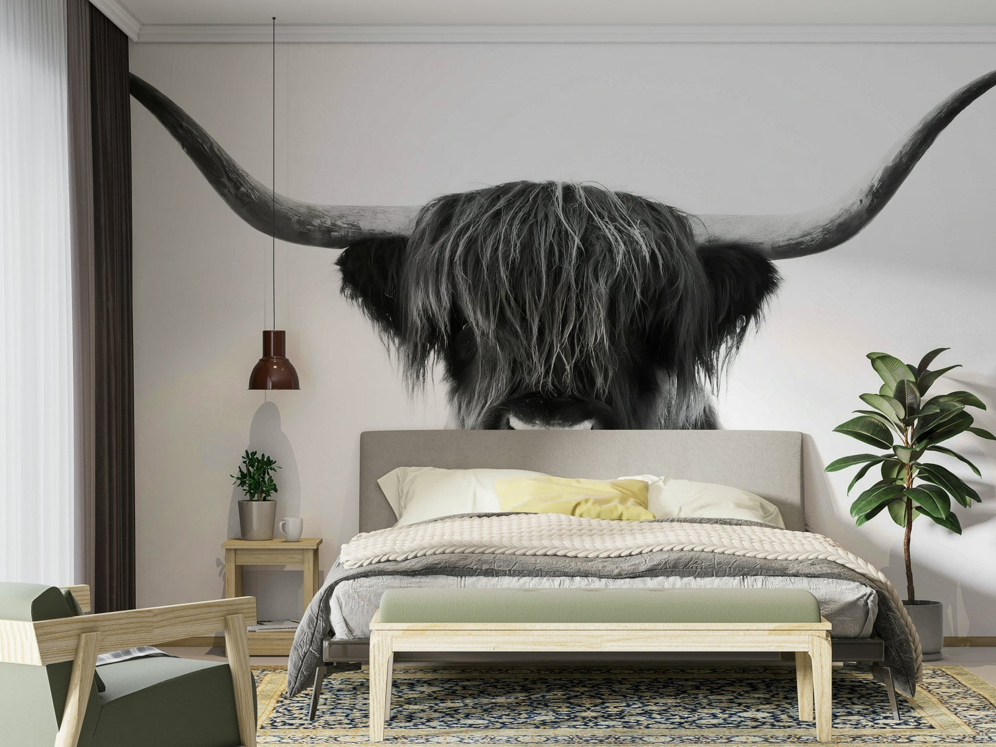 Monochrome Highland Horns and Hair mural for dramatic interiors

