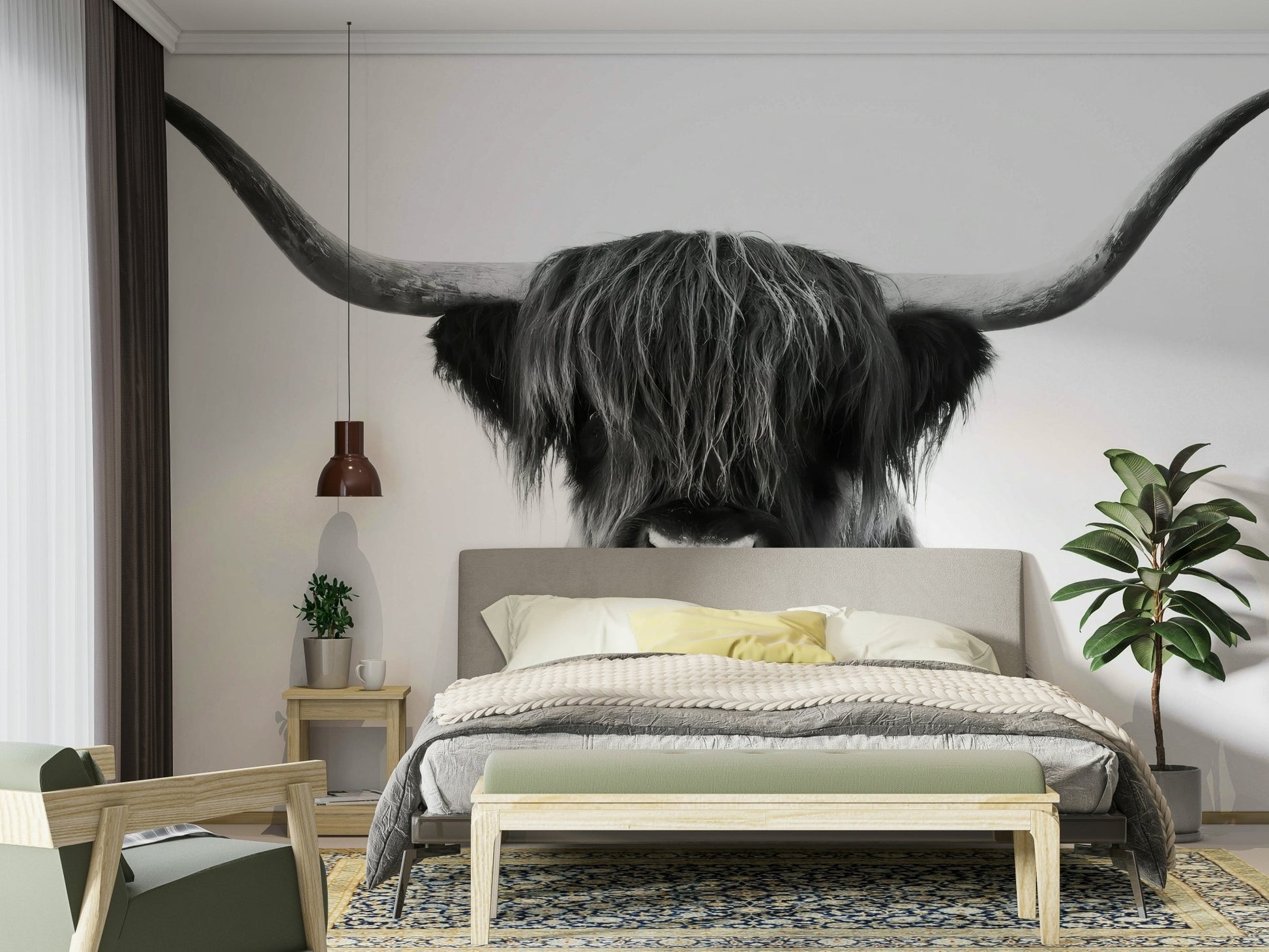 Monochrome Highland Horns and Hair mural for dramatic interiors

