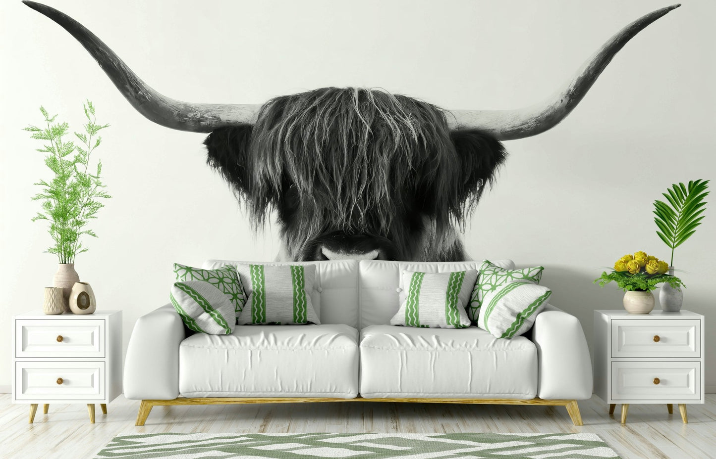 Monochrome Highland Horns and Hair wall mural for bold decor

