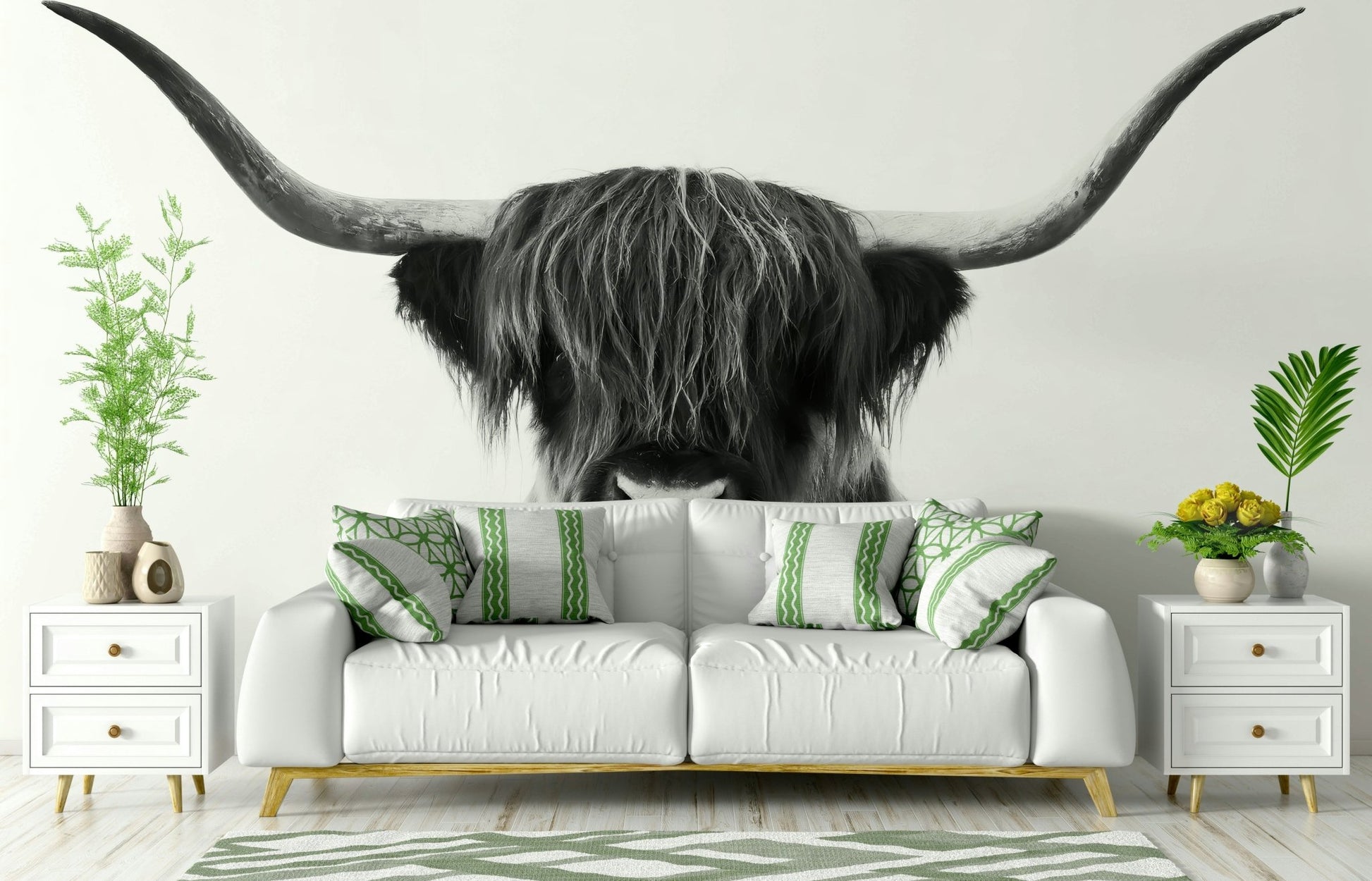 Monochrome Highland Horns and Hair wall mural for bold decor

