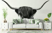 Monochrome Highland Horns and Hair wall mural for bold decor

