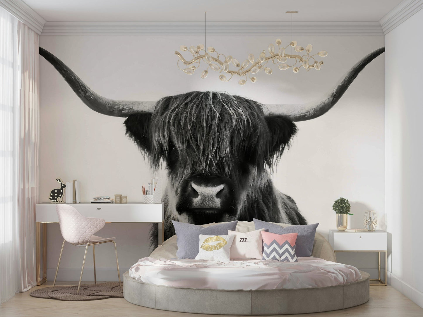 Intricate Monochrome Highland Horns and Hair design for rooms

