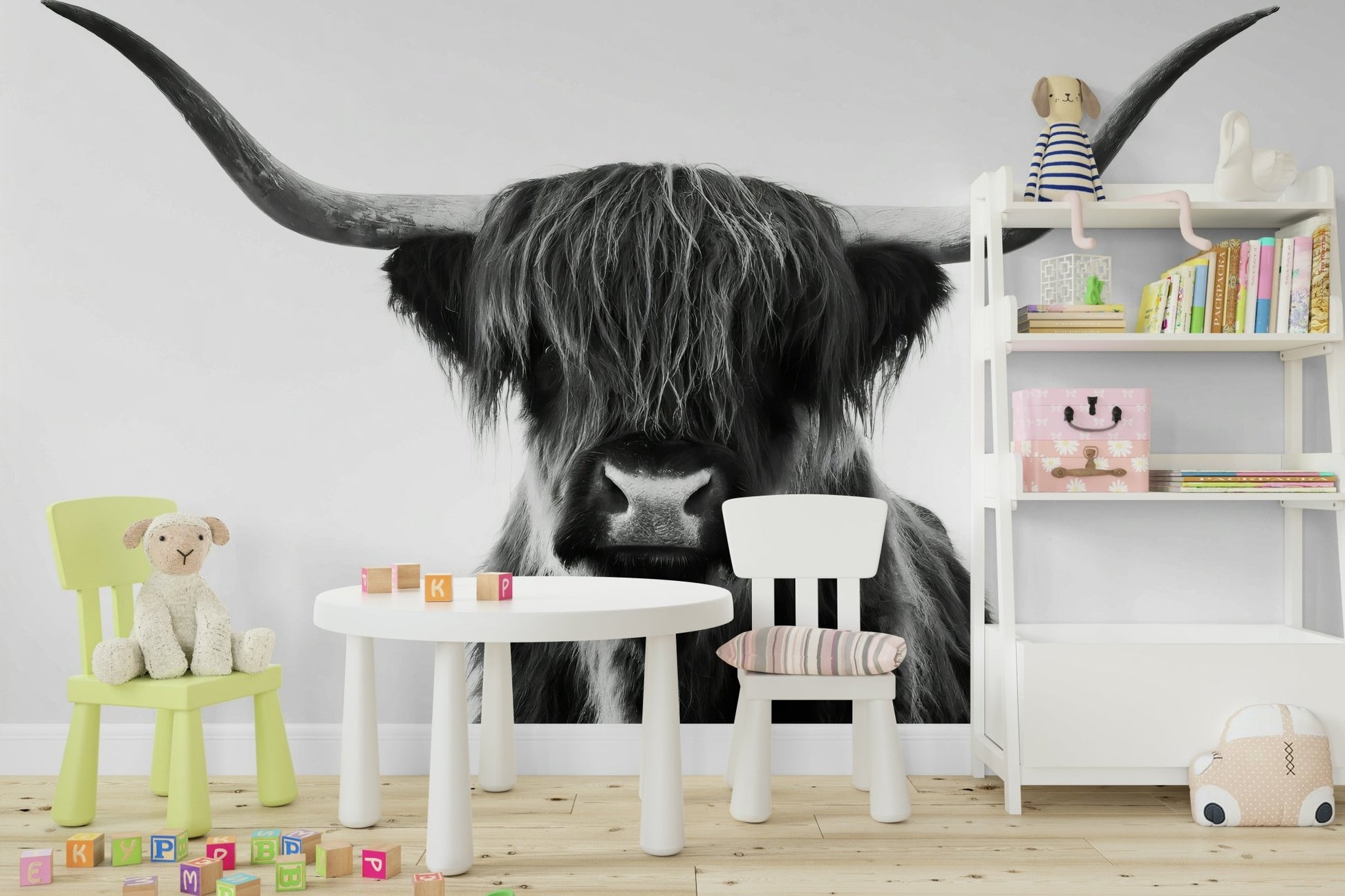 Black and white Highland cattle wall mural for modern spaces

