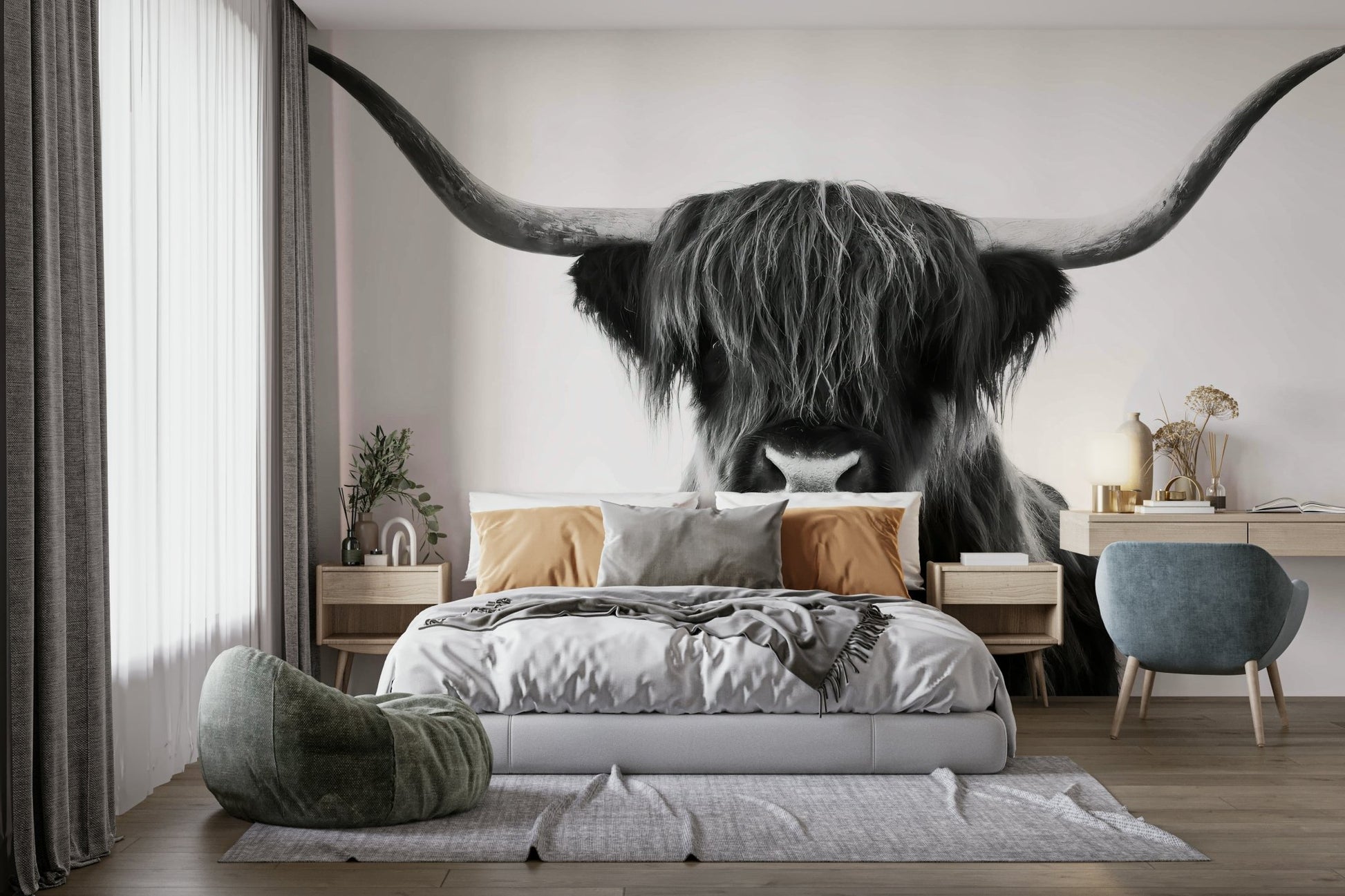 Monochrome animal mural with Highland horns and hair

