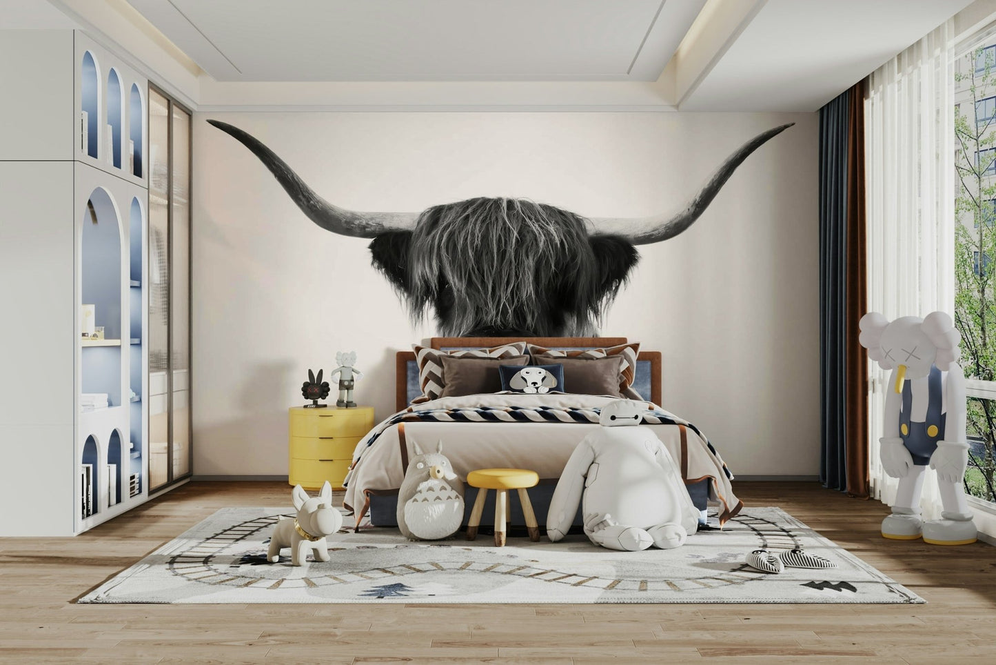 Striking black and white Highland cattle mural for walls

