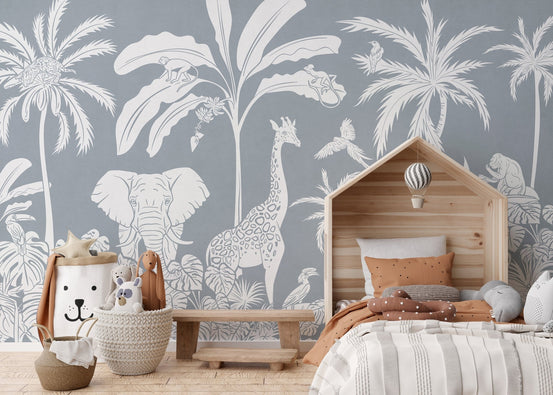 Monochrome Jungle Blue Wall Mural KB65
