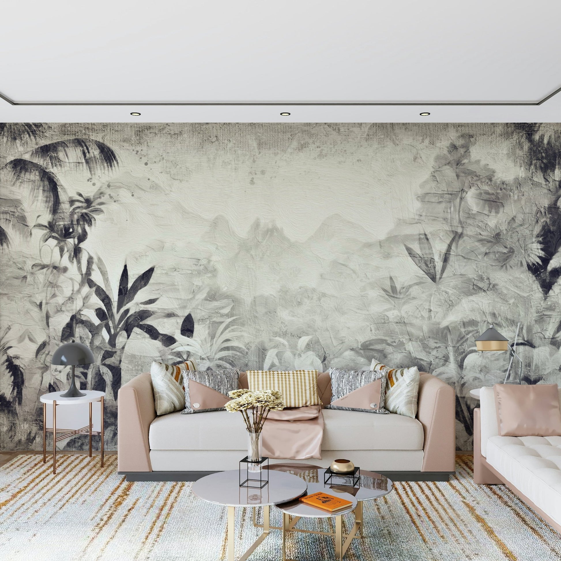 An artistic abstract foliage mural on minimalist wallpaper.