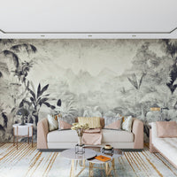 An artistic abstract foliage mural on minimalist wallpaper.