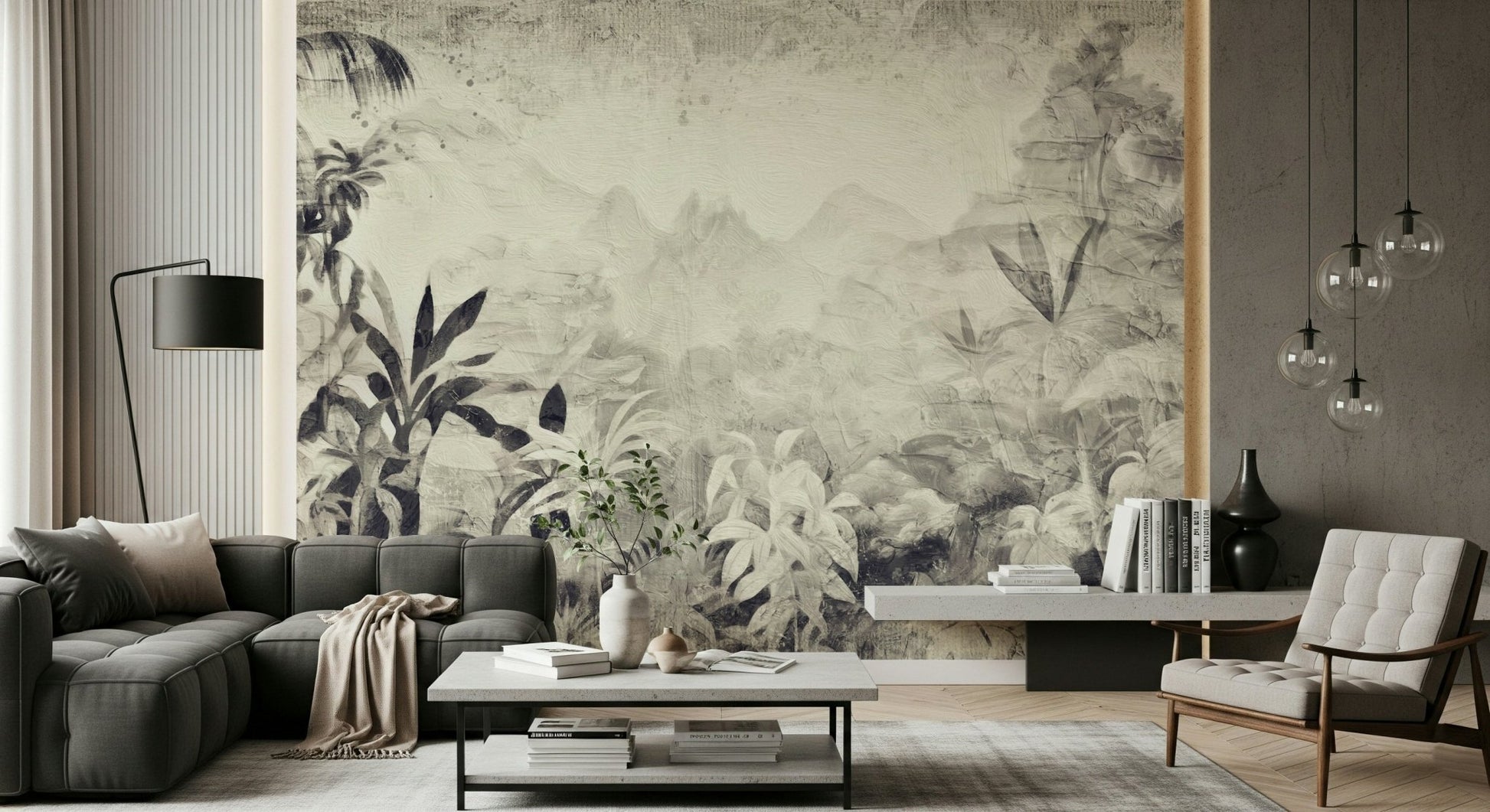 A graceful subtle leaf wall mural in cool, neutral tones.