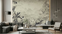 A graceful subtle leaf wall mural in cool, neutral tones.