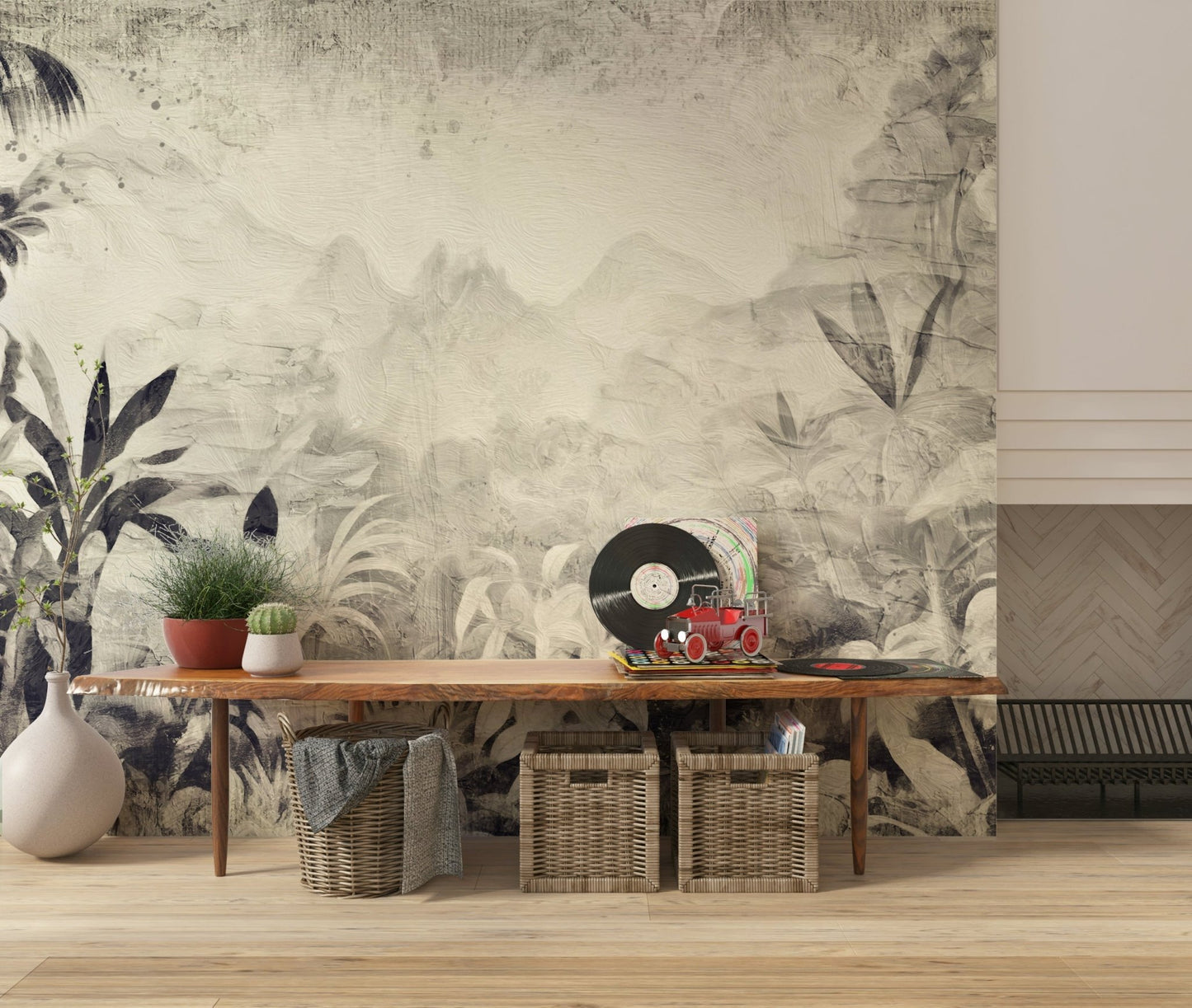 A peaceful woodland vista mural on decorative wallpaper.