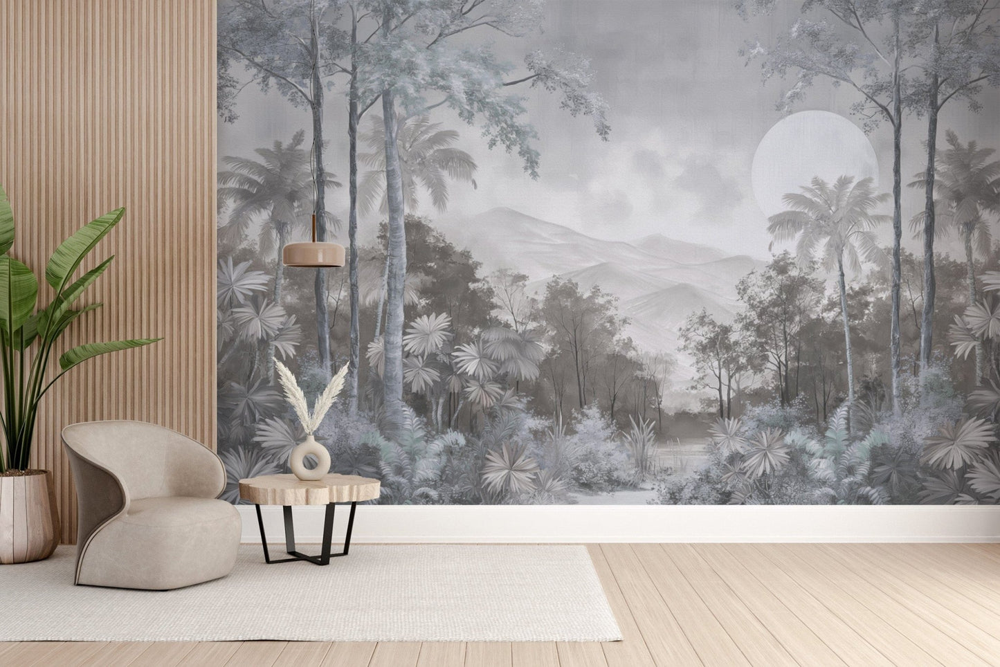 Grey toned jungle wallpaper for walls