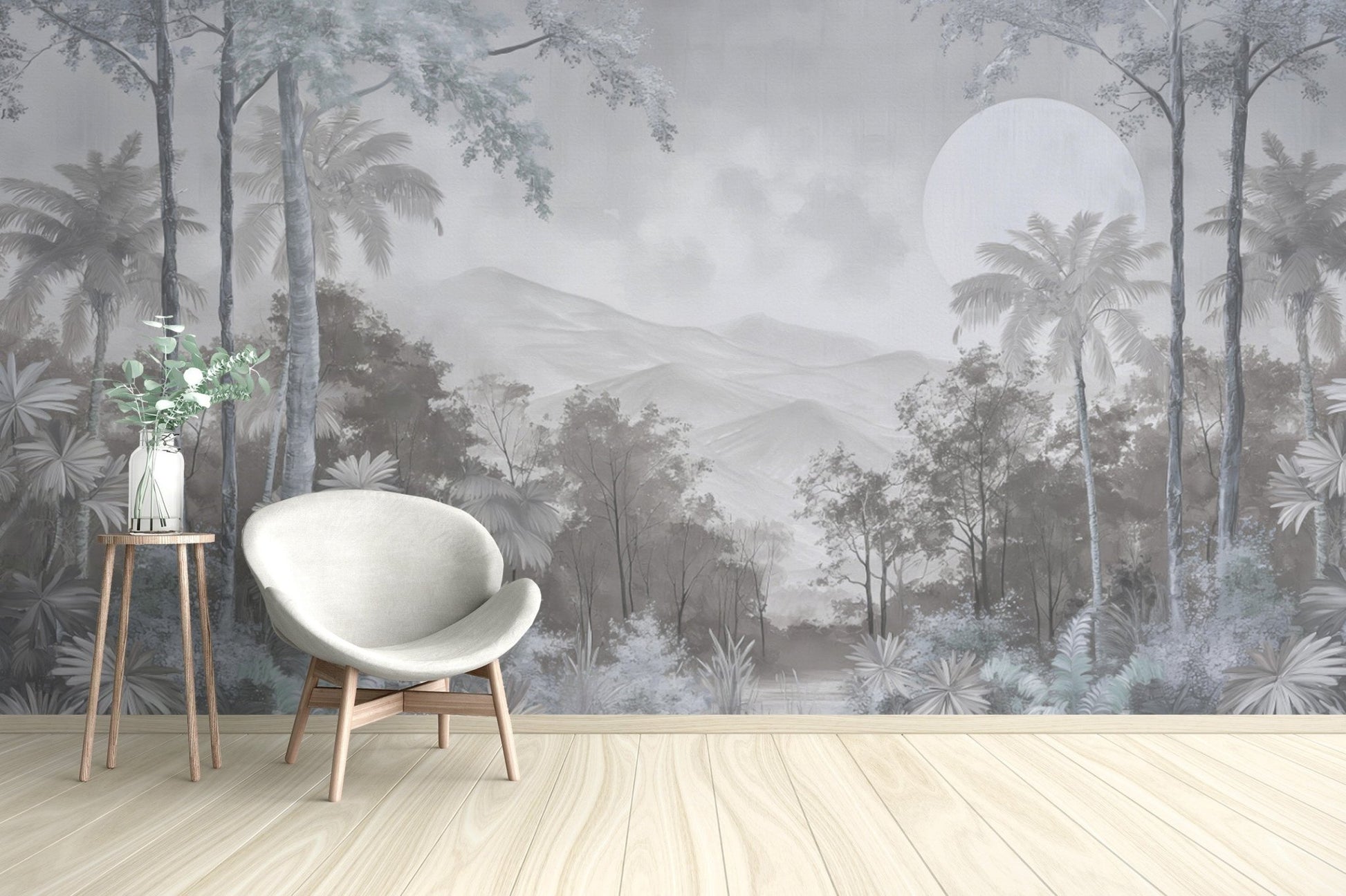 Elegant jungle wall design in grey
