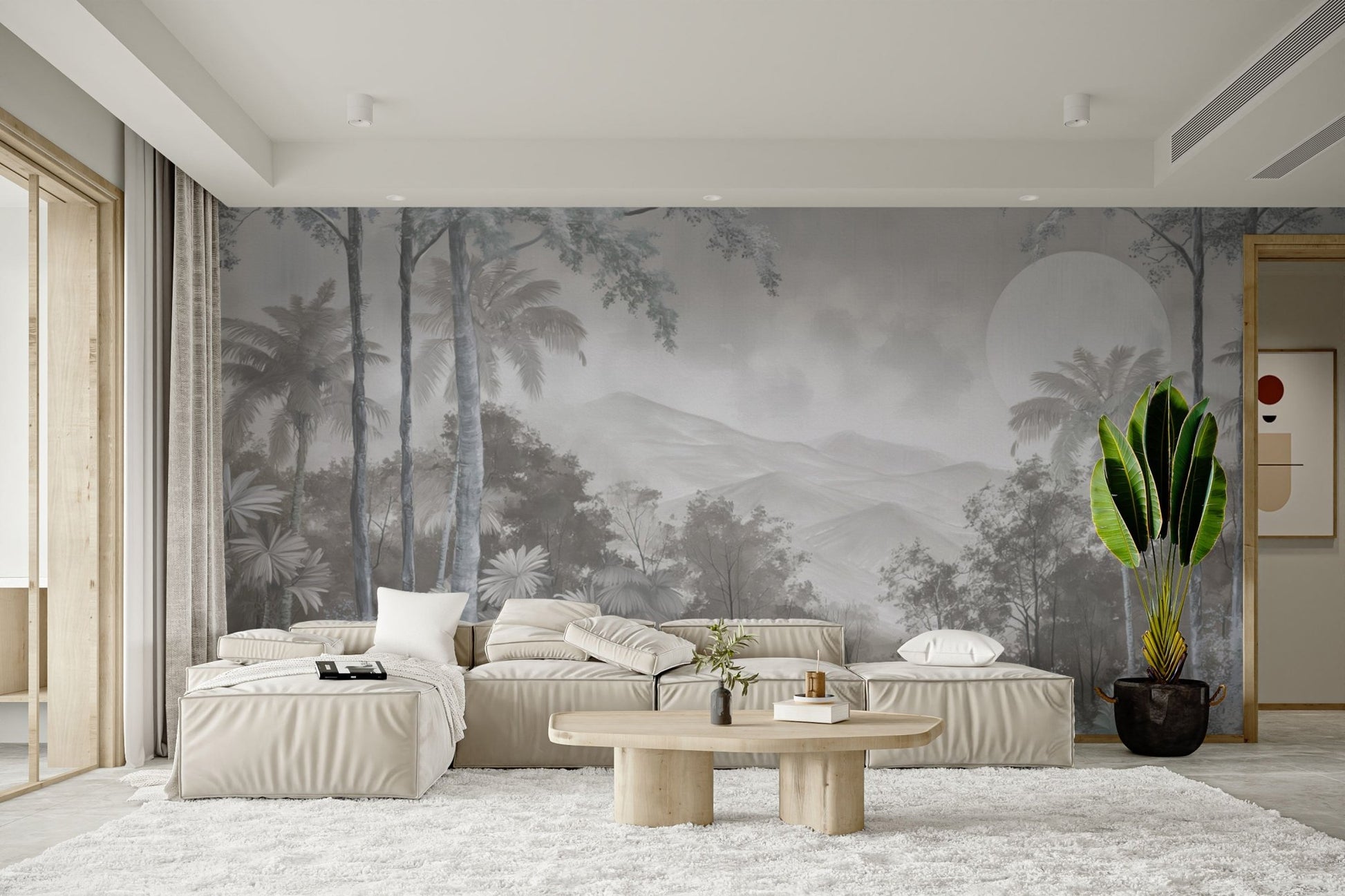 Tropical forest wall mural in grey
