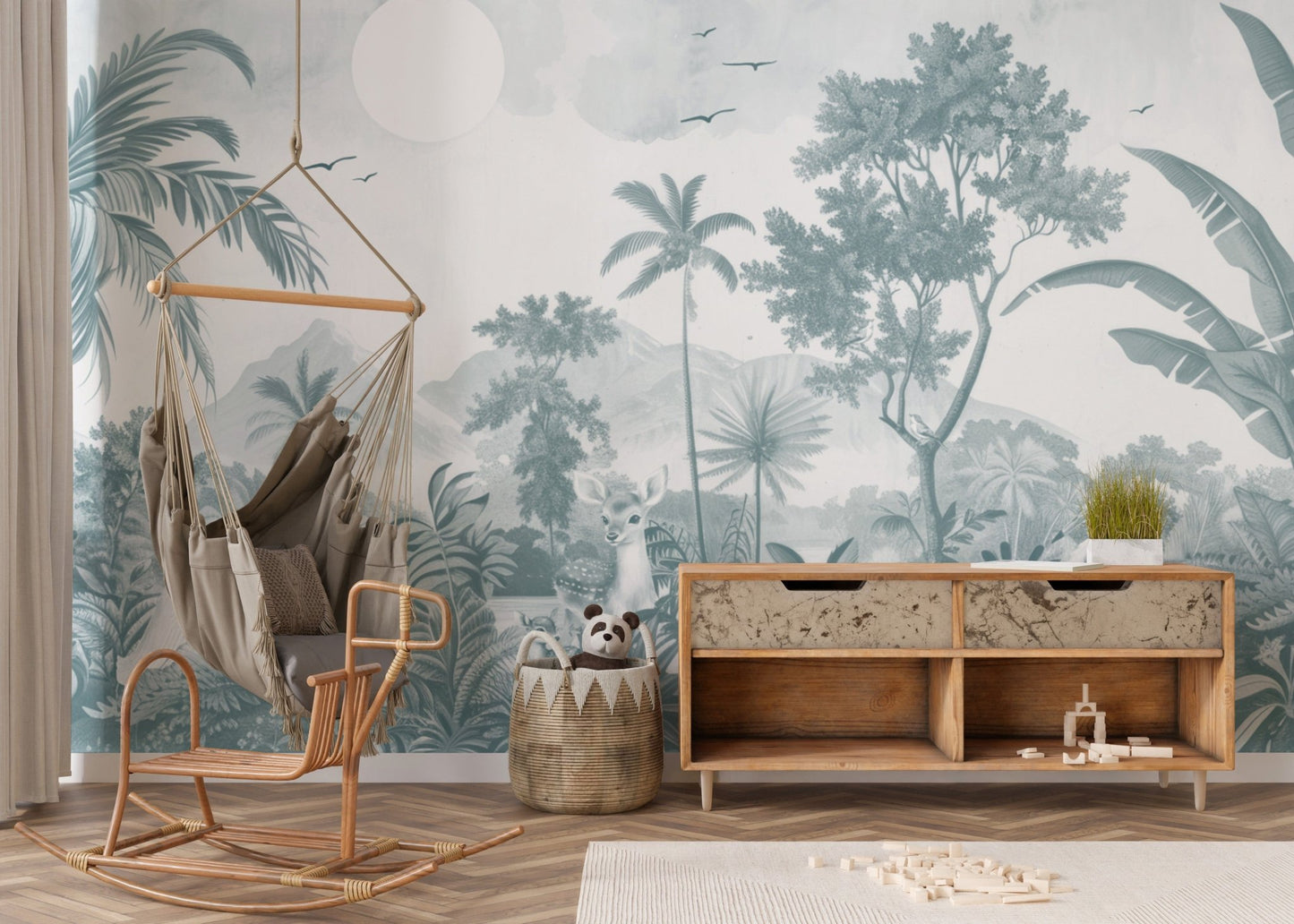 Modern Jungle Wildlife Mural for Nurseries
