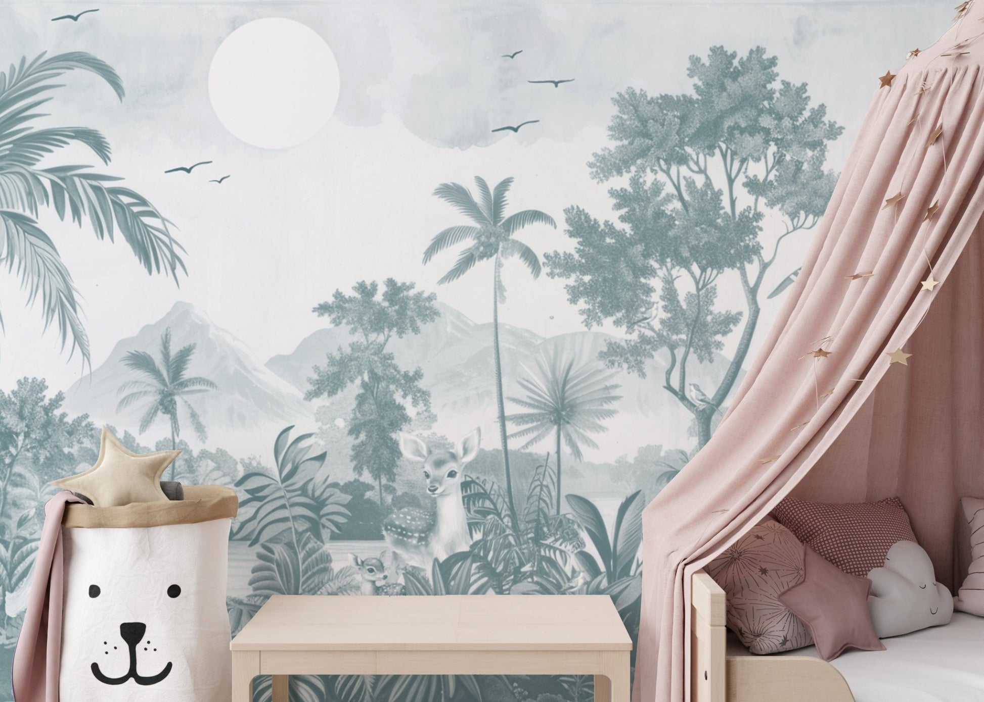 Grayscale Jungle Wildlife Wall Mural Design
