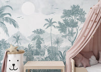 Grayscale Jungle Wildlife Wall Mural Design
