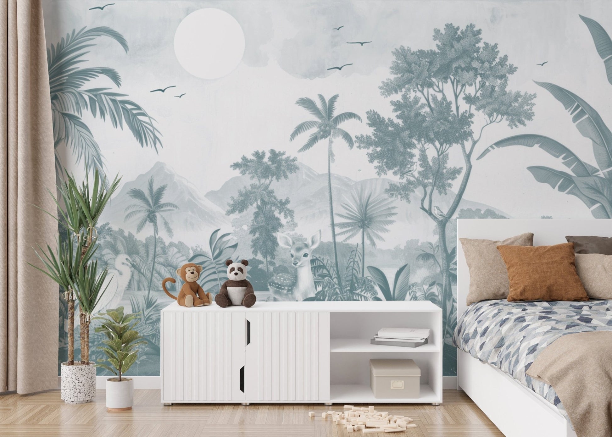 Monochrome Jungle Wildlife Nursery Wallpaper
