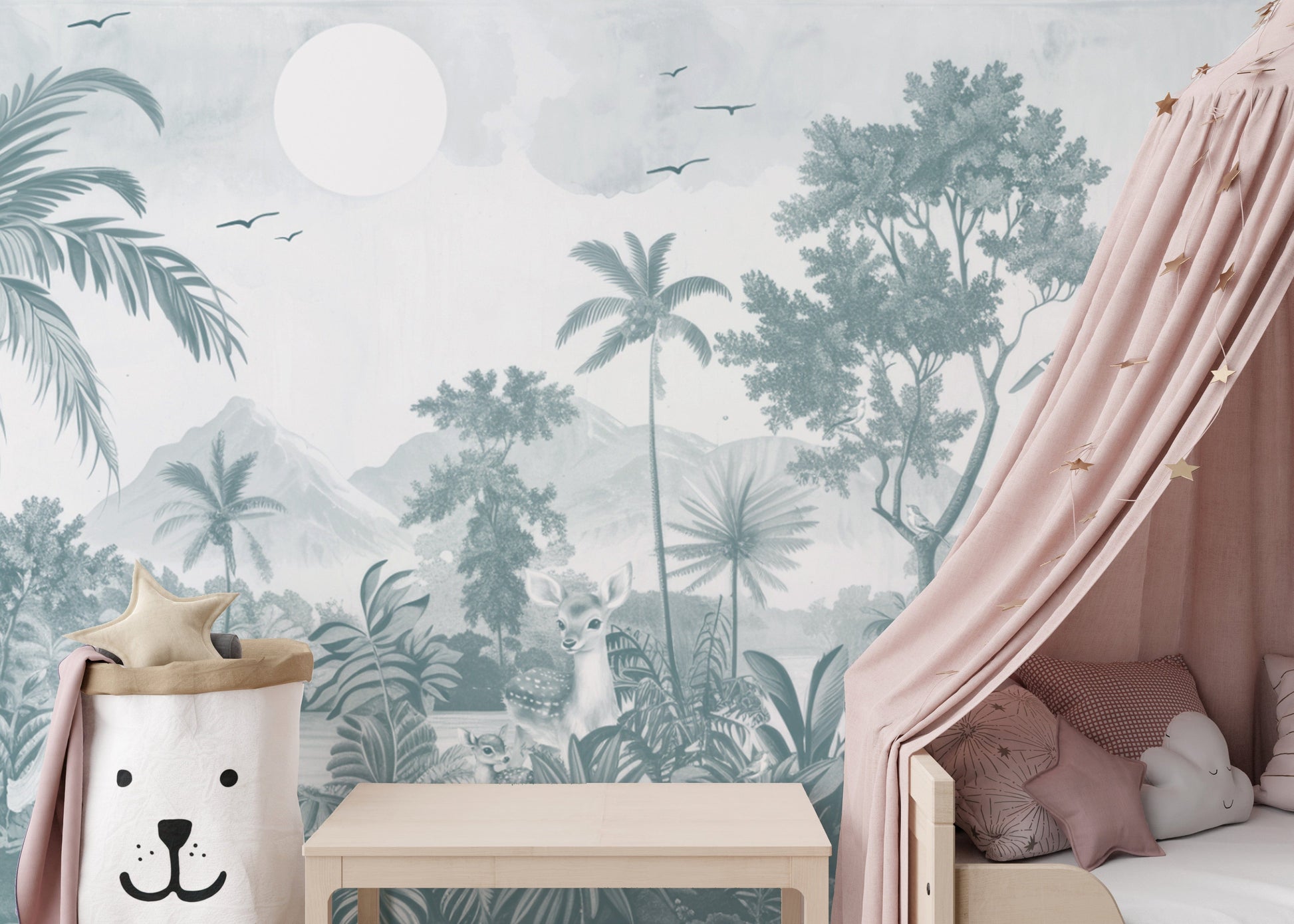 Grayscale Jungle Wildlife Wall Mural Design
