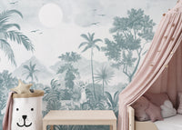 Grayscale Jungle Wildlife Wall Mural Design
