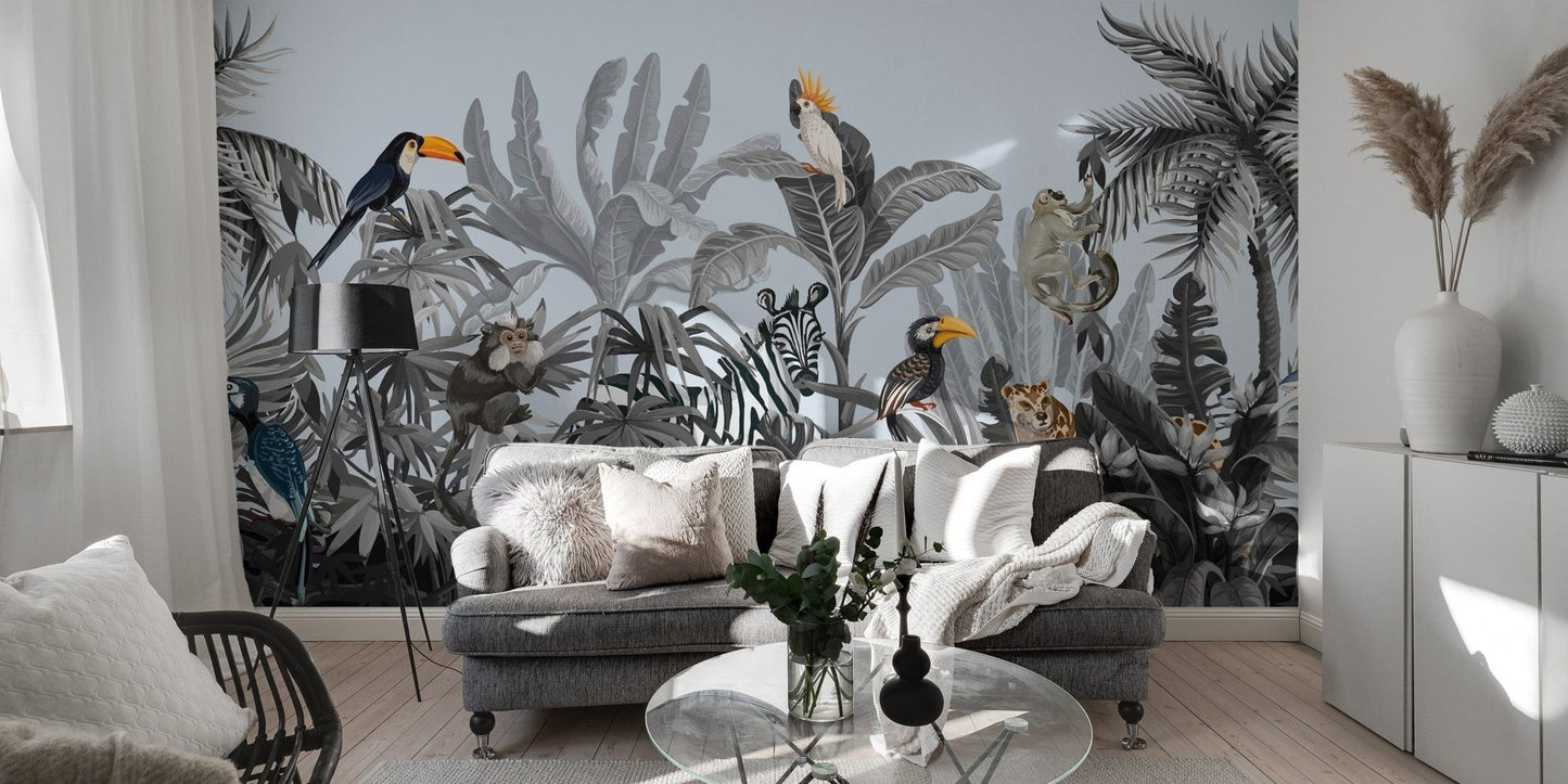Playful Monochrome Jungle Wall Mural for Kids tropical-18