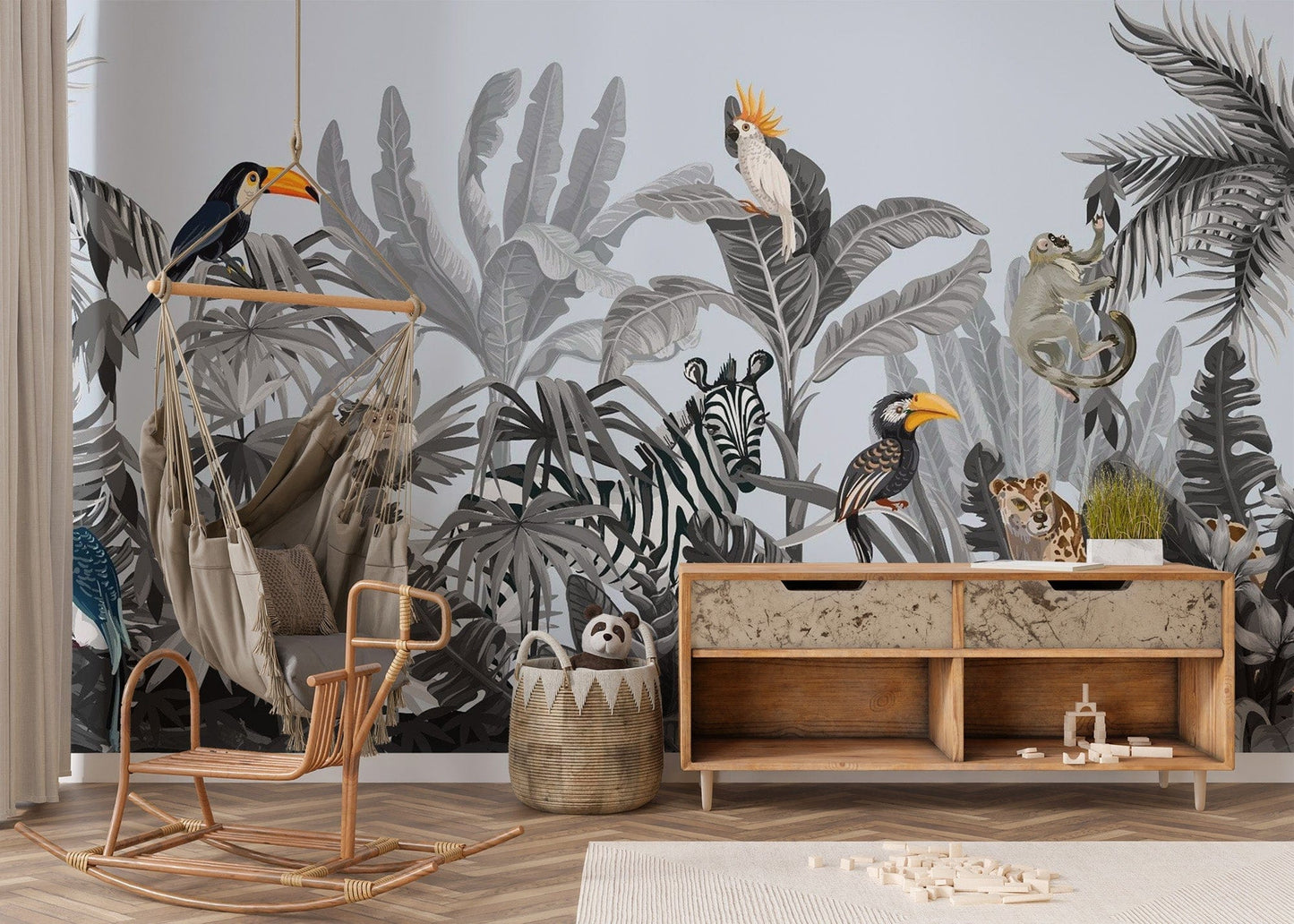 Monochrome Kids Jungle Wallpaper Mural - Giffywalls tropical-18