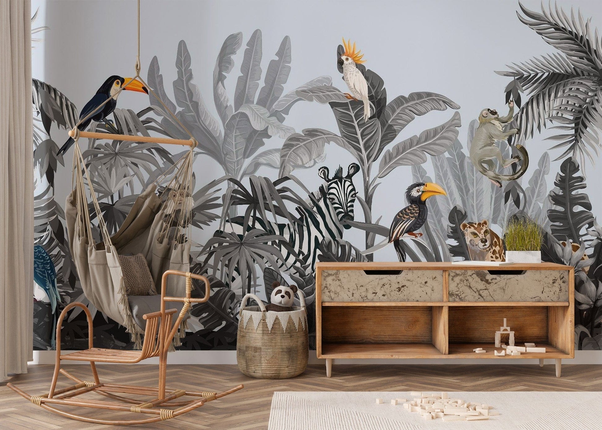 Monochrome Kids Jungle Wallpaper Mural - Giffywalls tropical-18