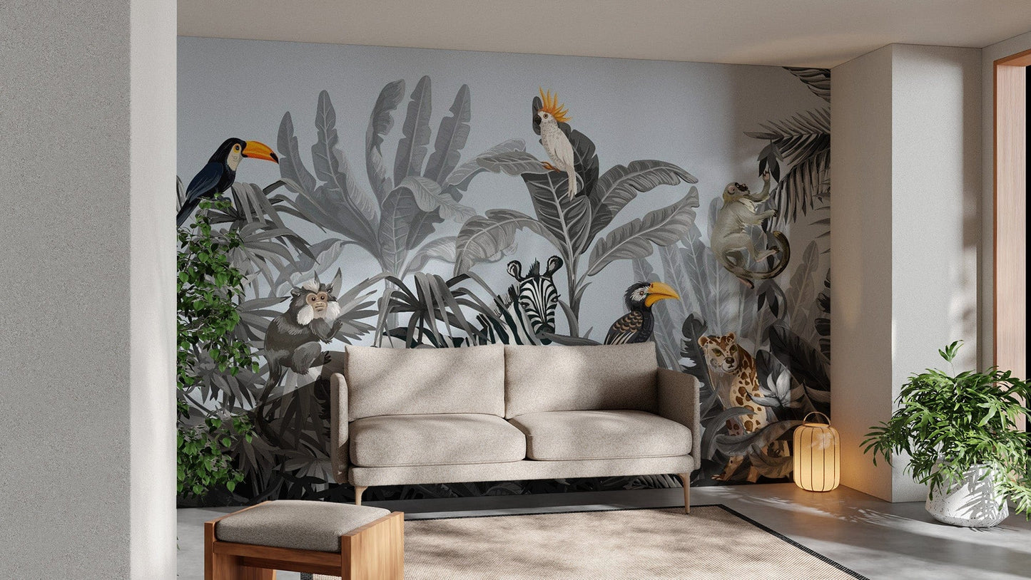 Monochrome Kids Jungle Wallpaper Mural - Giffywalls tropical-18