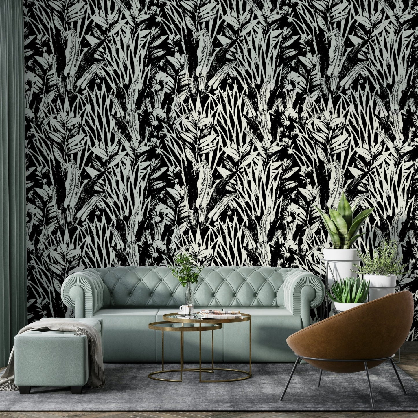 Wallpaper with a hand-drawn floral and leaf design


