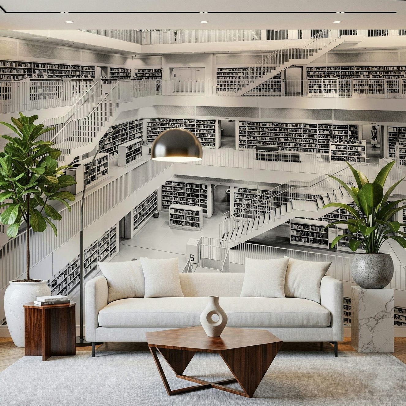A beautiful monochrome library wallpaper mural with subtle, detailed book spines and shelves.