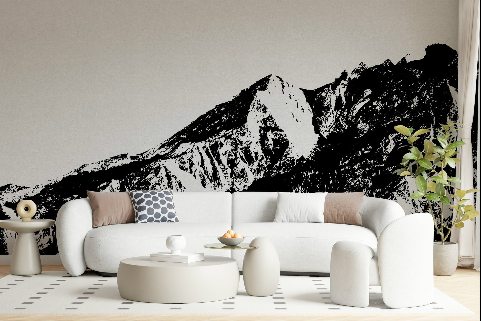 A peaceful modern abstract mural on decorative wallpaper.