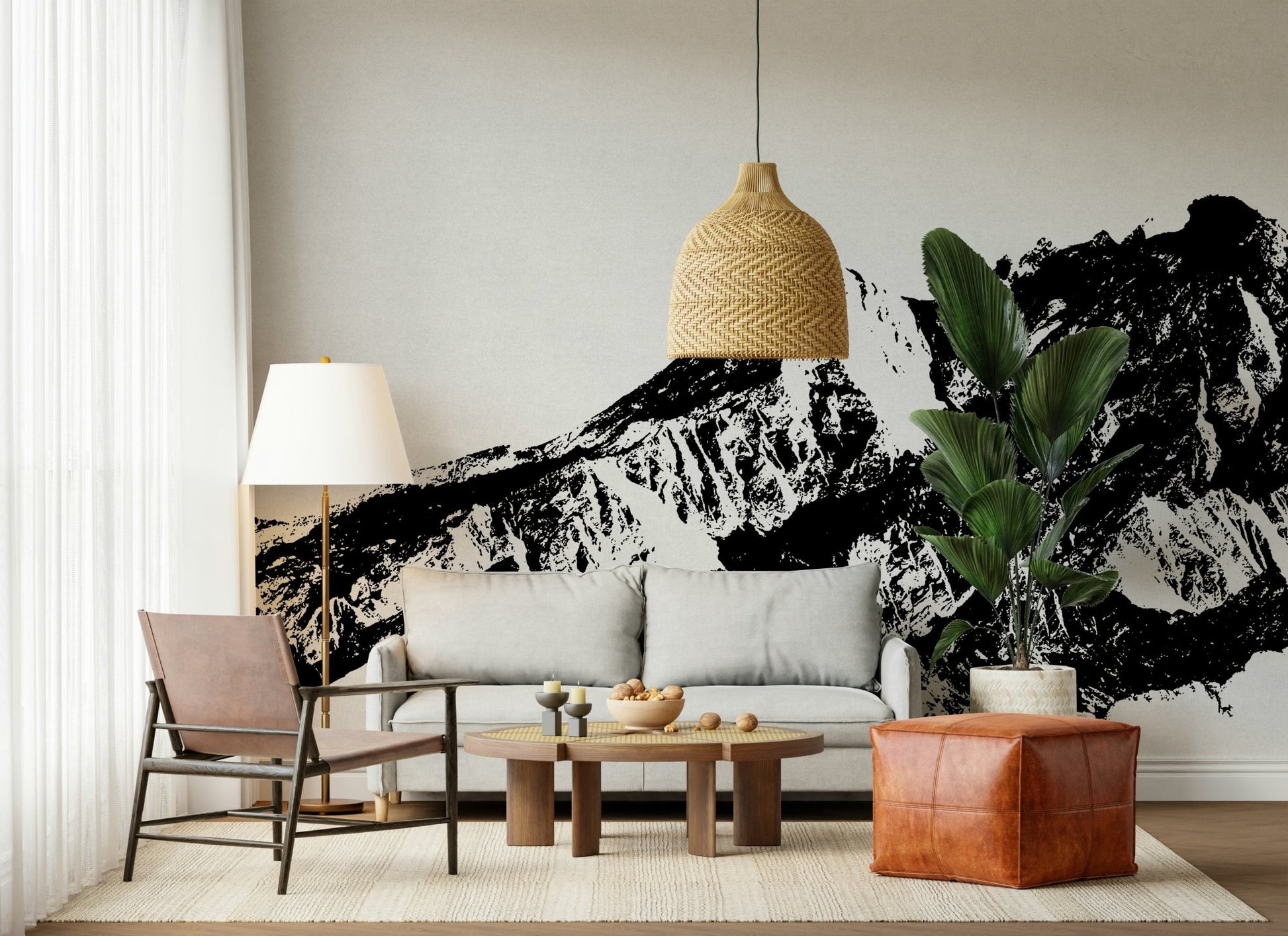 A beautiful monochrome abstract wallpaper mural with high-contrast luxury textures.