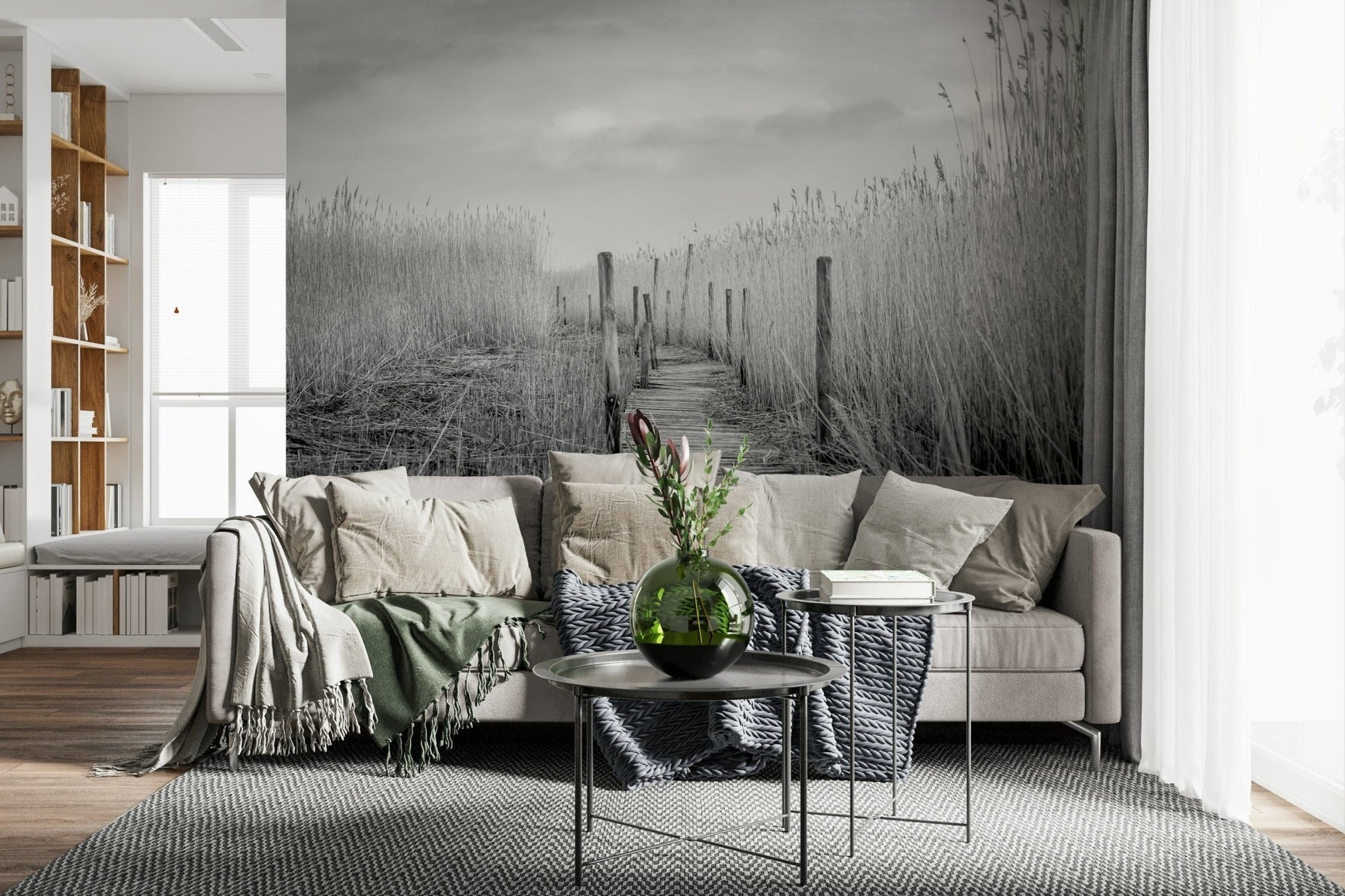 A beautiful monochrome marsh path wallpaper mural for a modern, minimalist home.