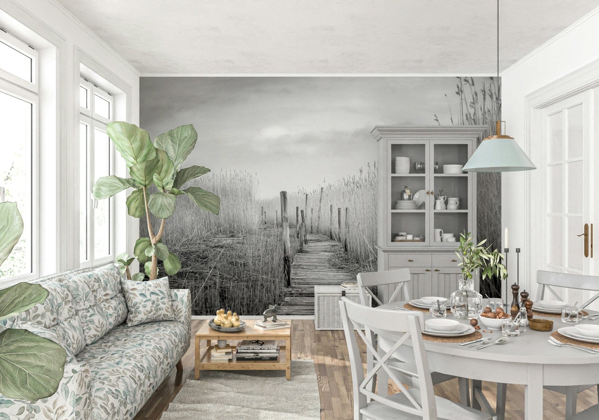 A serene subtle wetland wall mural for your decor.